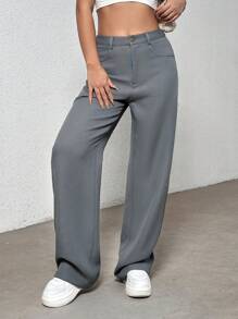 SHEIN Unity Cao eo Chất rắn Quần ống rộng - Xám - Xem 6