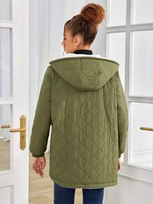 SHEIN Teen Girl Flap Pocket Teddy Lined Hooded Coat - Army Green - View 2