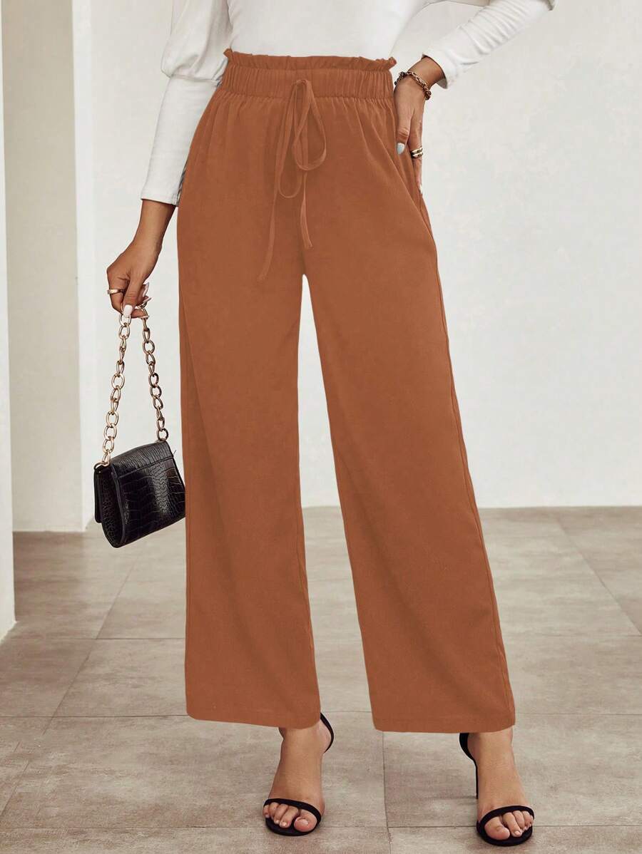 SHEIN Clasi Paperbag Waist Knot Front Wide Leg Pants - Rust Brown - View 1