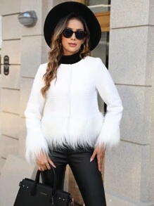 SHEIN Clasi 毛茸邊前紐扣夾克 - 米色 - 查看 5