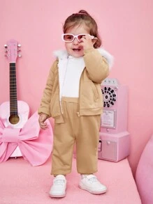 SHEIN 女嬰毛茸邊連帽保暖夾克和運動褲 - 卡其色 - 查看 4
