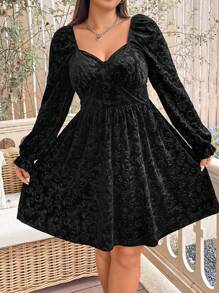 Flirla Plus Size Solid Color Jacquard Sweetheart Neck Dress - Black - View 1