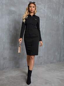 SHEIN LUNE Vestido mezclilla con diseño de solapa con botón delantero - Negro - Ver 5
