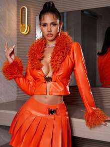 Y2K 金屬心形細部絨領人造 PU 皮革短夾克 - 橘色 - 查看 3