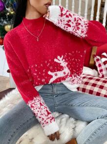 Christmas Pattern Mock Neck Drop Shoulder Sweater