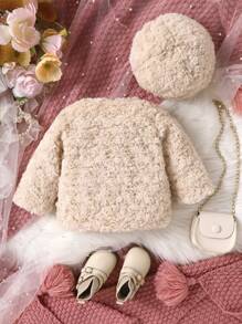 SHEIN 女嬰素色前紐扣毛絨夾克&帽 - 杏色 - 查看 2