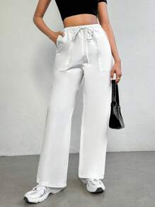 SHEIN Essnce 素色腰部抽繩斜口袋闊腿褲 - 白色 - 查看 1