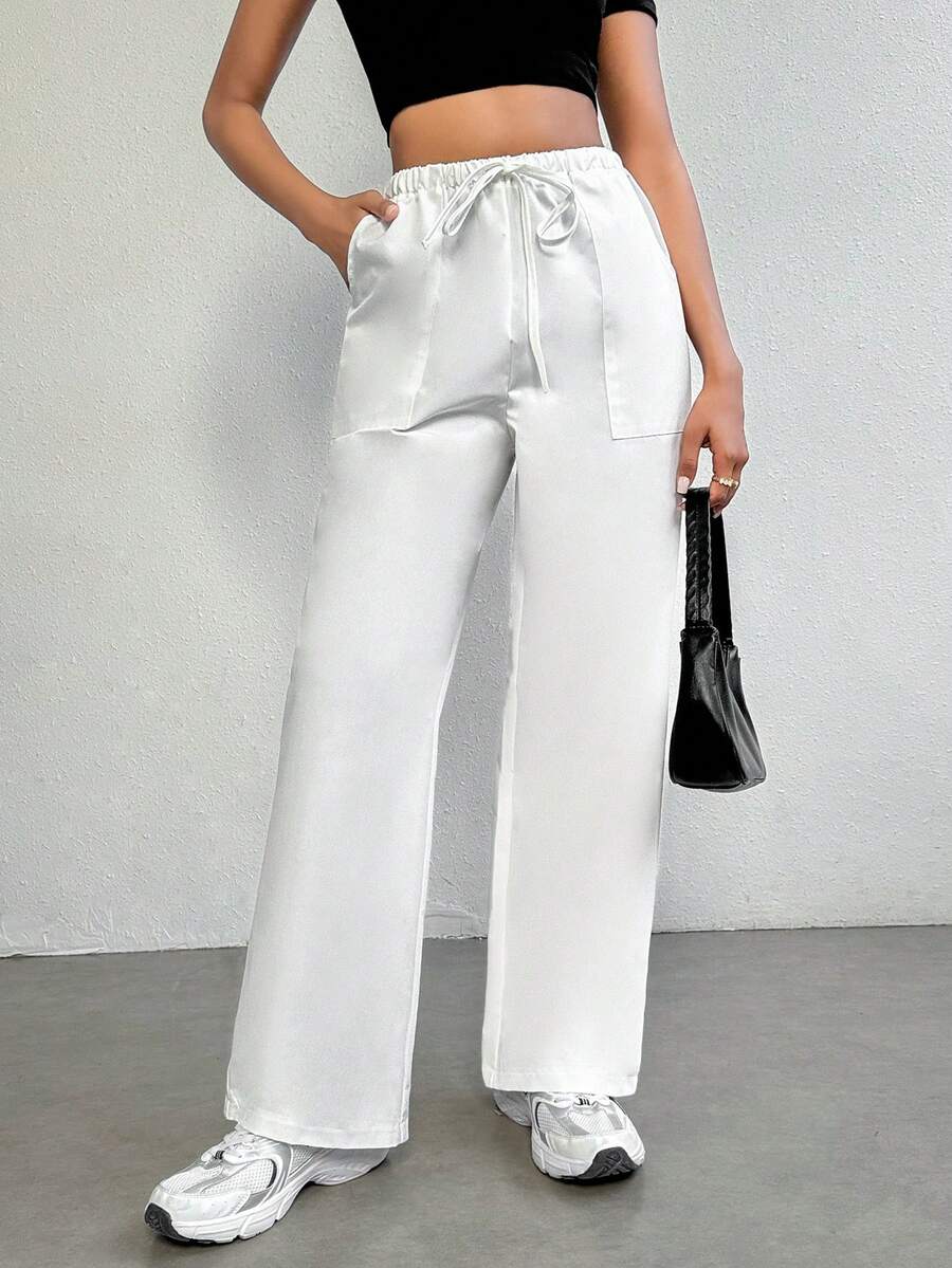 SHEIN Essnce 素色腰部抽繩斜口袋闊腿褲 - 白色 - 查看 1