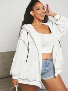 SHEIN CURVE+ 大尺碼縫線細部拉鍊連帽運動衫 - 白色 - 查看 5
