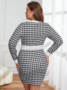 SHEIN Privé 大尺碼女千鳥格修身連身裙 - 黑與白 - 查看 2