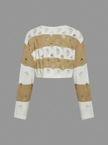 SHEIN ICON Colorblock Drop Shoulder Ripped Crop Sweater - Camel - View 2