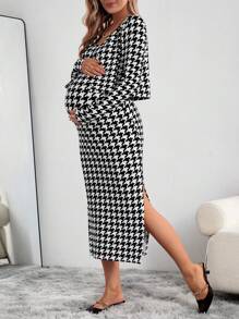 SHEIN Maternity Houndstooth Dress And Jacket Two-piece Set - Black and White - View 4