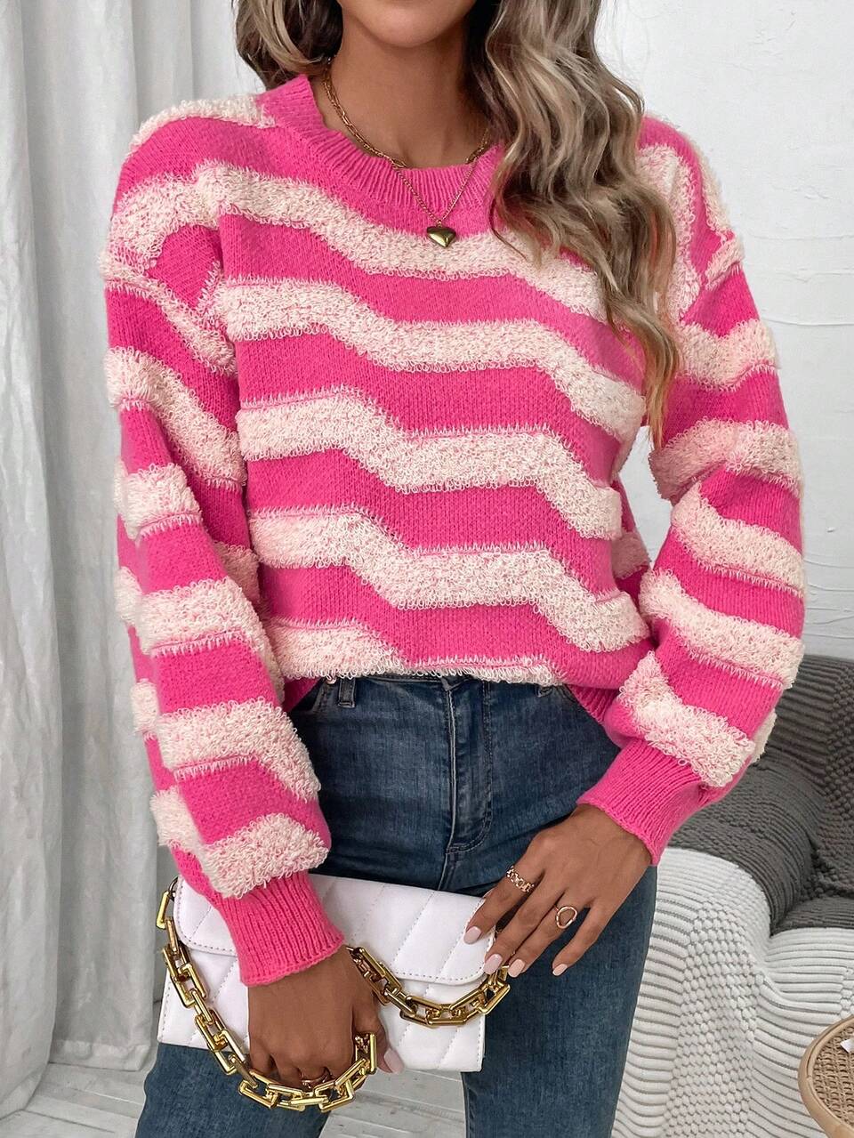 Striped Pattern Drop Shoulder Knit Pullover Fall Winter Sweater