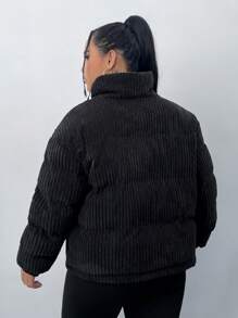 SHEIN EZwear 加大拉链灯芯绒夹棉大衣 - 黑色 - 查看 2
