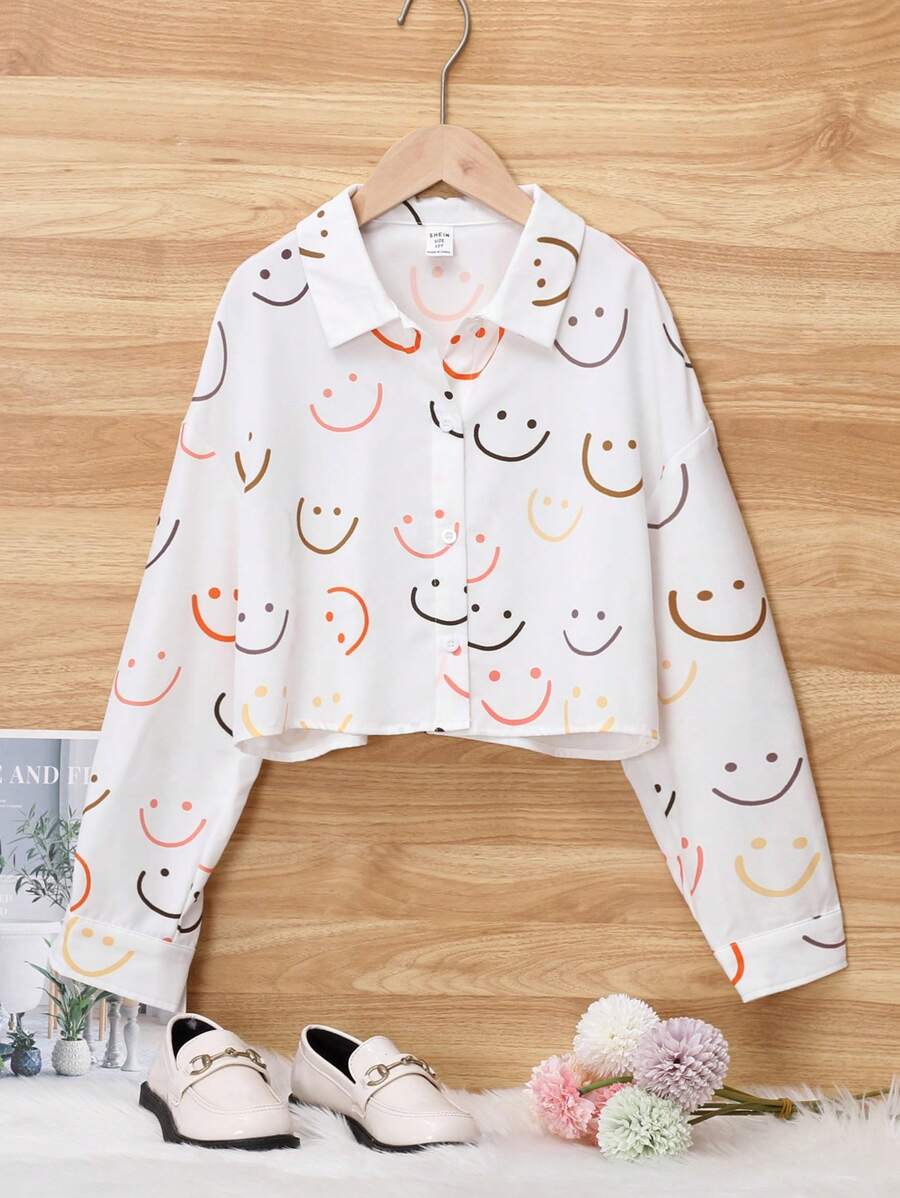 SHEIN Cô gái Tween In biểu thức Thả vai Mùa vụ Áo sơ mi - trắng - Xem 1