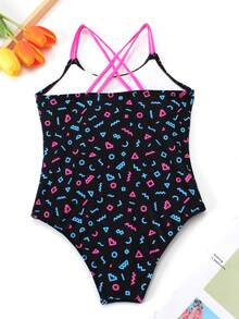 Đồ bơi một mảnh họa tiết chữ thập lưng cho bé gái tuổi teen - màu đen - Xem 2