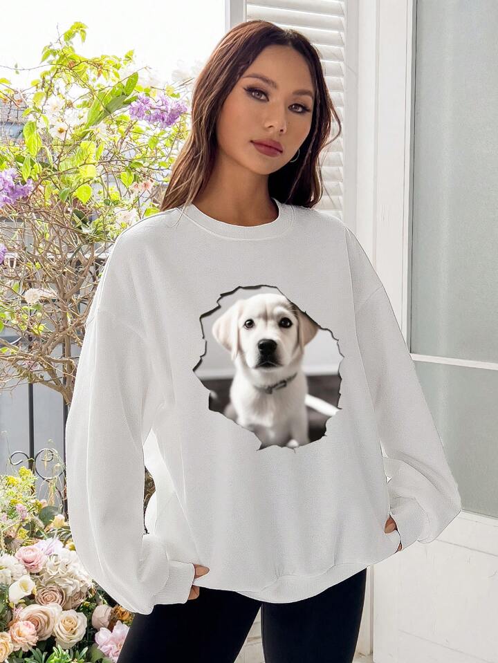 SHEIN EZwear 犬プリント ドロップショルダー スウェットシャツ