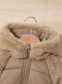 SHEIN Baby Girl Fuzzy Trim Hooded Padded Coat Without Sweater - Pink - View 5