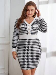 SHEIN Privé 大尺碼女千鳥格修身連身裙 - 黑與白 - 查看 6