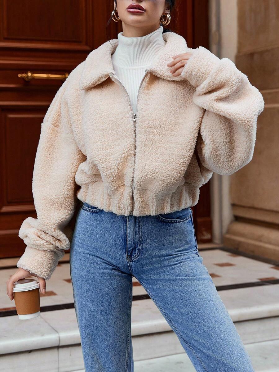 EURMUSE Women's Teddy Fleece Drop Shoulder Zipper Front Jacket - Beige - View 1