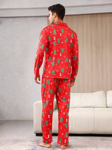 Men's Red Knitted Christmas Tree Print Pajama Set Lapel Button Front Regular Sleeve High Stretch Loungewear - Red - View 2