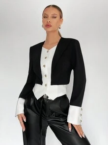 BizChic 女款拼色二合一夾克 - 黑與白 - 查看 3