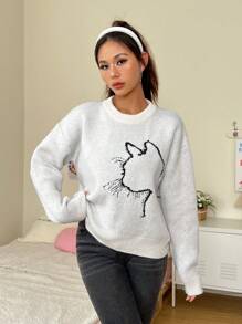 SHEIN EZwear Mô hình Cartoon Thả vai Áo len - trắng - Xem 5