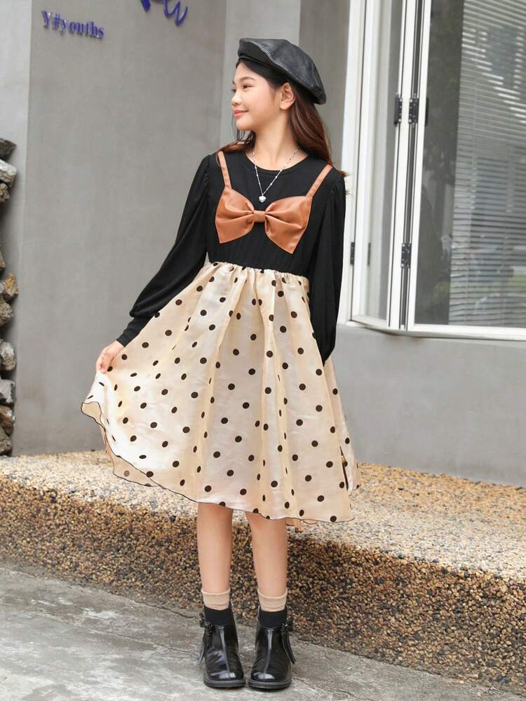 Girls' School-Style Polka Dot Dress With Color-Block & Bowknot Detail