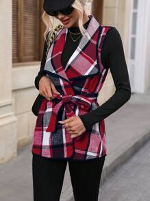 Chiquease Plaid Print Belted Vest Coat & Tee - Red - View 1