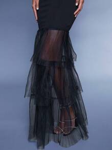 Hauture Schulterfreies Rüschen Kleid Mit Mesh-saum - Schwarz - Übersicht 3