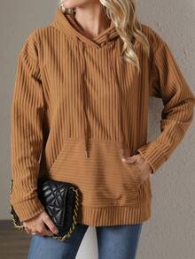 SHEIN Essnce 袋鼠口袋落肩袖抽繩連帽衫 - 棕色 - 查看 6