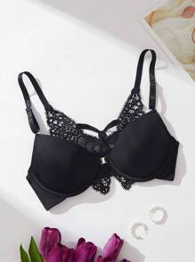 Contrast Lace Underwire Bra - Black - View 1