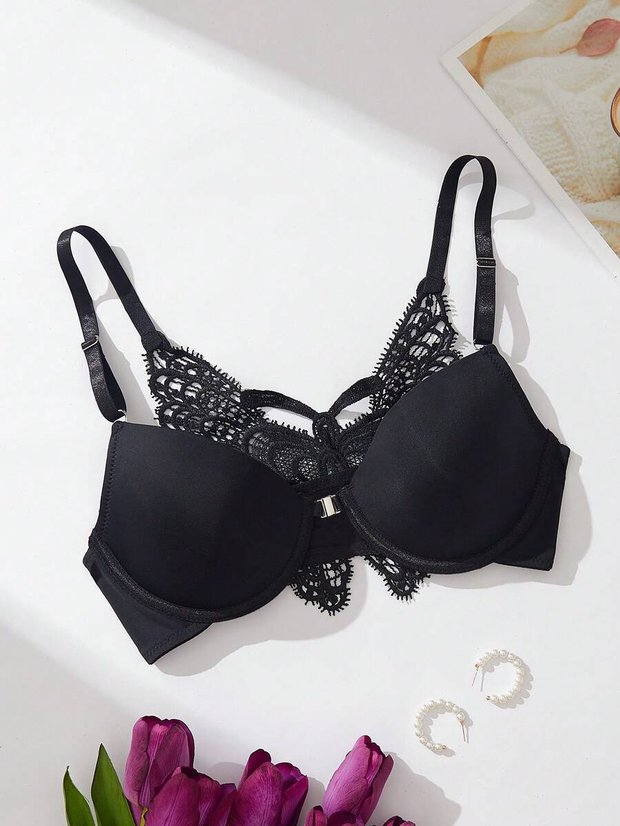 Contrast Lace Underwire Bra - Black - View 1