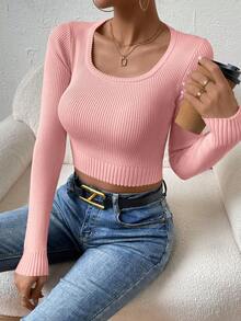 SHEIN Essnce Scoop Neck Ribbed Knit Crop Sweater - Pink - View 3