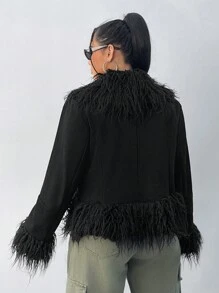 SHEIN Coolane Hơn Trang trí Fuzzy Mở Mặt trước Áo khoác - màu đen - Xem 2