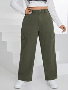 SHEIN SXY 大碼側翻蓋口袋工裝牛仔褲 - 綠色 - 查看 5