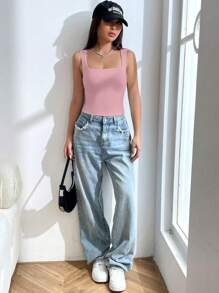 SHEIN EZwear Jednolity Kwadratowy Dekolt Tank Top