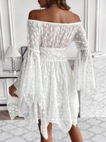 SHEIN Unity Off Shoulder Lace Up Front Trumpet Sleeve Dress - White - View 2