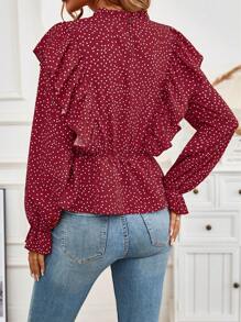 SHEIN LUNE 波點圖案荷葉邊喇叭袖荷葉邊下擺襯衫 - 紅色 - 查看 2