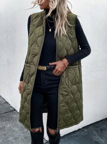 SHEIN LUNE 女士洋葱圈形加垫羽绒背心，双口袋，长款 - 綠色 - 查看 3