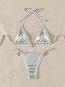 SHEIN Swim Women Solid Color Summer Bikini Set - Silver - View 6