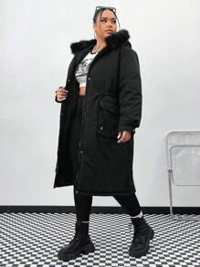 SHEIN EZwear 大碼腰部抽繩毛茸邊連帽派克大衣 - 黑色 - 查看 4