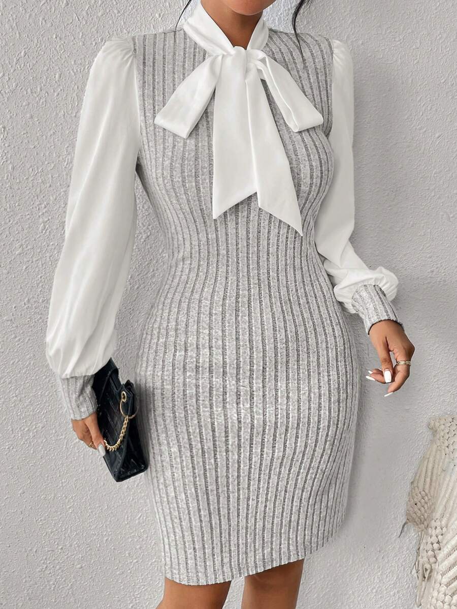 SHEIN Privé Hai âm Cà vạt Tay áo lồng đèn Đầm - Xám - Xem 1