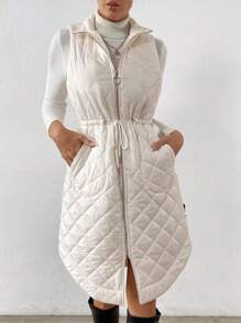 SHEIN Clasi 抽绳腰部拉链背心绗缝棉服外套衣服冬季 - 杏色 - 查看 3