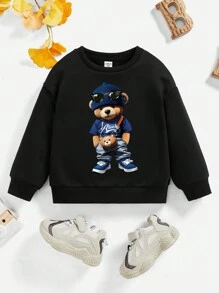 SHEIN 小男孩卡通图案长袖圆领卫衣，适合秋冬季 - 黑色 - 查看 1