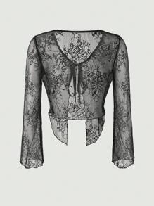 VaVaBold Lace Flower Long Sleeve Blouse - Black - View 2