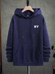 Manfinity Homme Men's Hooded Sweatshirt With Kangaroo Pocket And Drawstring, Letter Printed - Navy Blue - View 3