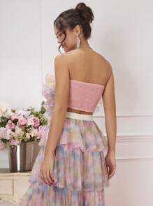 Enchnt 女士夏季時尚印染多層荷葉邊拼接包身背心 - 粉色 - 查看 2