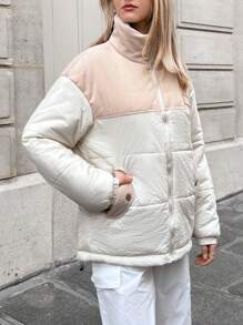 SHEIN EZwear 女士色塊布拼接棉衣 - 杏色 - 查看 3