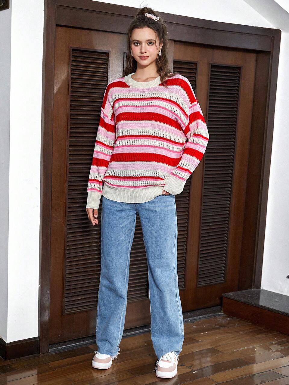 Striped Pattern Drop Shoulder Pointelle Knit Sweater